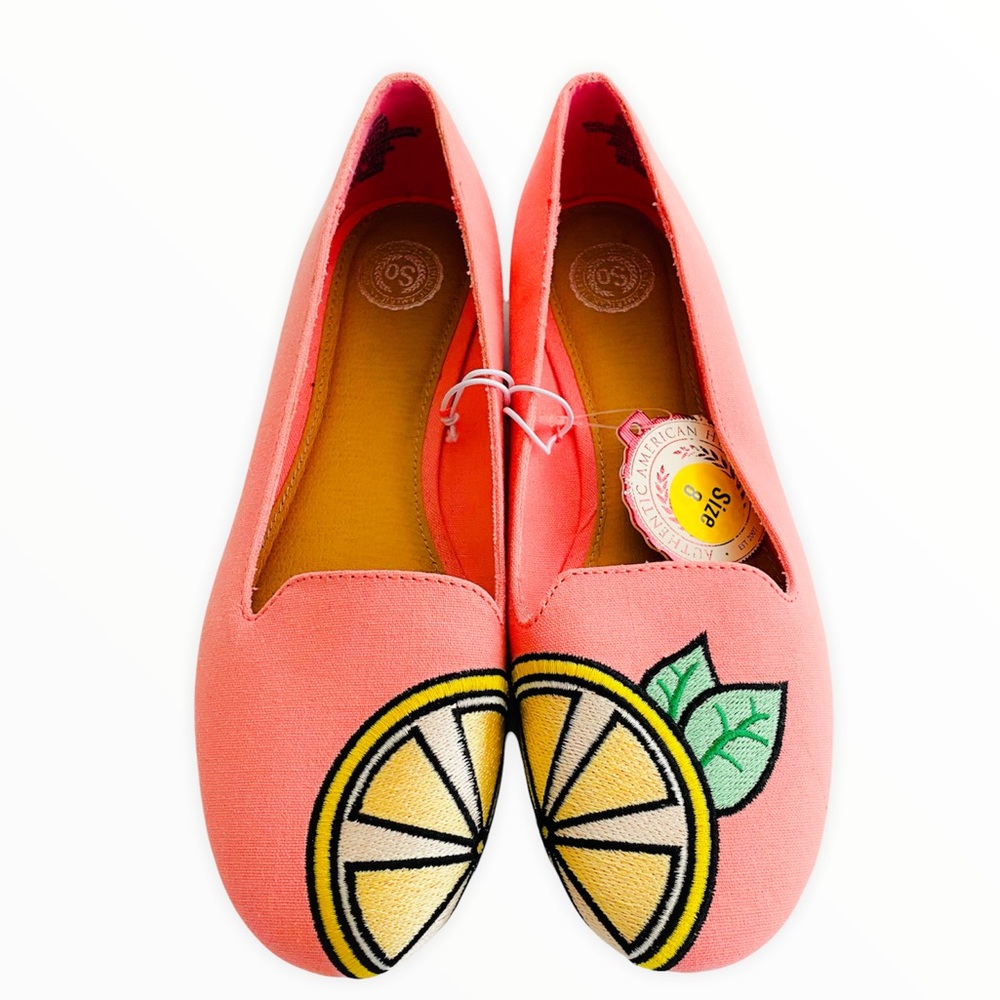 SO NWT Pink Embroidered Lemon Canvas Flats